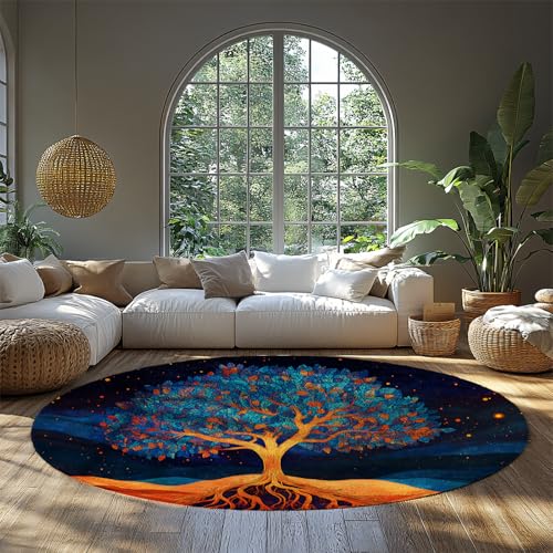 FEIPUHOME Art Nordic Abstract Runder Teppich Blaue Sterne Baum des Lebens auf der Erde Indoor-Teppiche mit Rutschfester Rückseite Waschbar für Wohn-Schlafzimmer Arbeitszimmer 160x160cm von FEIPUHOME Art