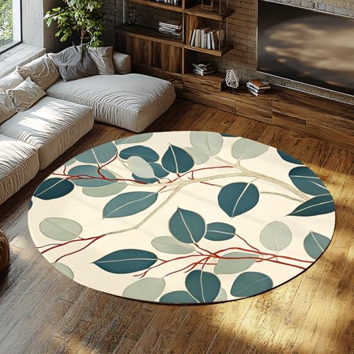 FEIPUHOME Art Nordic Boho Runder Teppich Eukalyptusblätter Low Flor Rutschfester Teppich für Wohnzimmer Sofa Konferenzraum Dekor Matte Maschinenwaschbar 200x200cm von FEIPUHOME Art