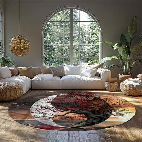 FEIPUHOME Art Nordic Modern Soft Round Teppich Yin Yang Blühende Bäume auf dem Wasser Teppich für Teen Schlafzimmer Schlafsaal Wohnung stark frequentierte Bereiche mit niedrigem Flor 80x80cm von FEIPUHOME Art