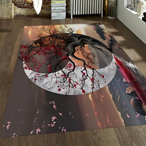 FEIPUHOME Art Nordisch Modern Soft Teppich Yin Yang Blühende Bäume auf dem Wasser Teppiche für Teen Schlafzimmer Schlafsaal Wohnung stark frequentierte Bereiche mit niedrigem Flor 180x240cm von FEIPUHOME Art