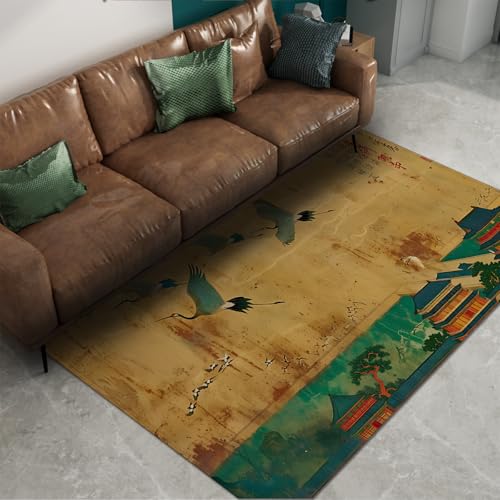FEIPUHOME Art Orientalischer Retro Teppich Kran Antike Stadt Turm Kalligraphie Kunst Waschbare Teppiche für stark frequentierte Bereiche im Wohnzimmer Schlafzimmer niedriger Flor 90x120cm von FEIPUHOME Art