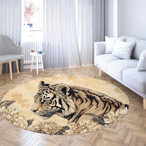 FEIPUHOME Art Orientalischer Vintage-Kunst-Runder Teppich Tiger Blumen waschbar Rutschfester dünner Boden Teppiche für Kinderzimmer Schlafzimmer Wohnzimmer Wohnung Eingangsbereich 80x80cm FEIPUHOME Art Orientalischer Vintage-Kunst-Runder Teppich Tiger Blumen waschbar Rutschfester dünner Boden Teppiche für Kinderzimmer Schlafzimmer Wohnzimmer Wohnung Eingangsbereich 80x80cm von FEIPUHOME Art