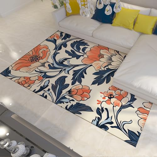 FEIPUHOME Art Outdoor Teppiche Mid Century Orientalischer Stil Teppich Blaue Blätter Orange Blumen Eleganter Teppich für Wohnzimmer Schlafzimmer Waschbar 160x200cm von FEIPUHOME Art