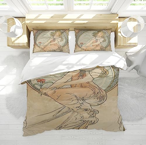 FEIPUHOME Art Retro beige Bettwäsche-Set Alphonse Mucha Fantastic Mädchen 3-teiliges strapazierfähiges Bettdecken-Set mit roter Blume Bettbezugs-Sets für die ganze Jahreszeit 135x200cm von FEIPUHOME Art