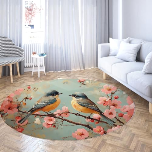 FEIPUHOME Art Retro orientalische runde Teppiche Pfirsich Blüten Vögel auf Blumenzweigen Muster niedrigfloriger Rutschfester Bodenteppich für Kinderzimmer Schlafzimmer Wohnzimmer 80x80cm von FEIPUHOME Art