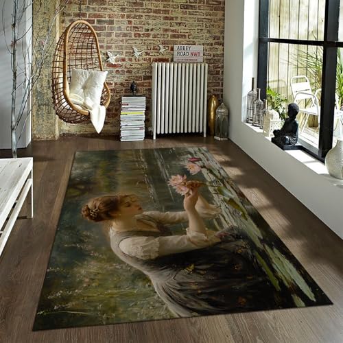 FEIPUHOME Art Rokoko-Stil Teppiche Frau Pflücken Lotus Wurf Bodenmatte Moderne Ästhetik Rutschfester Eingang für Raum Kaffee Stuhl Teppich 60x90cm von FEIPUHOME Art