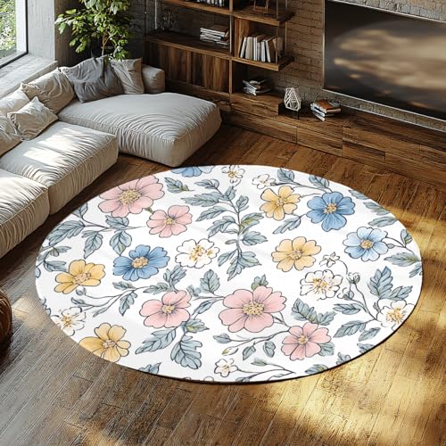 FEIPUHOME Art Runder Teppich im Landhausstil Boho Floral waschbar weicher Rutschfester Teppich für Wohnzimmer Schlafzimmer Arbeitszimmer Essbereich Wohnkultur gemütlicher niedriger Flor 200x200cm von FEIPUHOME Art