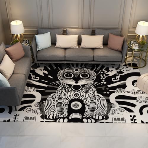 FEIPUHOME Art Schwarz-Weiß-Stil waschbar Rutschfester gemütlicher Teppich Mysteriöse niedliche Katzendrucke Teppiche für Kinderzimmer Schlafzimmer Wohnung Schlafsaal niedriger Flor 200x300cm von FEIPUHOME Art