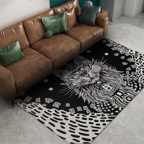 FEIPUHOME Art Schwarz und Weiß Mysteriöse Akzent Teppiche Katzen Tiger Löwen Tierdrucke Waschbare rutschfeste Eingangstür Fußmatte Teen Playroom Dorm 80x120cm von FEIPUHOME Art