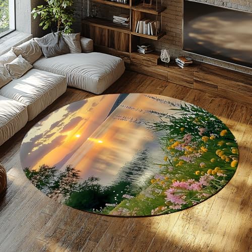 FEIPUHOME Art Sonnenuntergang Landschaft Runder Teppich Seeufer Blumengarten rutschfeste niedrigflorige Bodenteppiche für Wohnzimmer Schlafzimmer Büro Esstisch Bereich Dekor 160x160cm FEIPUHOME Art Sonnenuntergang Landschaft Runder Teppich Seeufer Blumengarten rutschfeste niedrigflorige Bodenteppiche für Wohnzimmer Schlafzimmer Büro Esstisch Bereich Dekor 160x160cm von FEIPUHOME Art