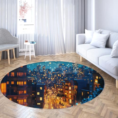 FEIPUHOME Art Stadt Nachtszene Runder Teppich Waschbar Weich Dünn rutschfeste Teppiche Für Schlafzimmer Wohnzimmer Wohnung Spielzimmer Kinderzimmer Moderne Bodendekoration 160x160cm von FEIPUHOME Art
