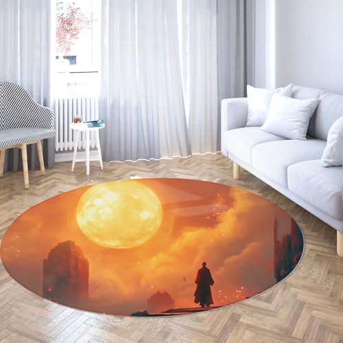 FEIPUHOME Art Surrealismus Fantasie runder Teppich Riesensonne Berge und Silhouetten waschbare weiche dünne Teppiche für Wohnzimmer unter Bett Wohnung rutschfest 200x200cm von FEIPUHOME Art