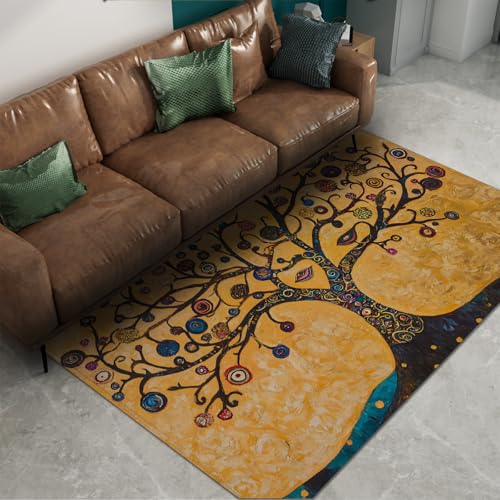 FEIPUHOME Art Surrealismus Rutschfester großer Teppich mystischer Lebensbaum Teppich für Schlafzimmer Esszimmer Veranda gelb Retro dünne niedrige Flor Fußmatte 120x150cm von FEIPUHOME Art