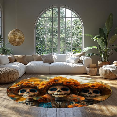 FEIPUHOME Art Tag der Toten Runde Teppiche Mode Schädel Design Gelb Blumen Überwurf Teppich Moderne Ästhetik Rutschfester Eingang für Raum Kaffee Stuhl 200x200cm von FEIPUHOME Art