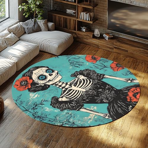 FEIPUHOME Art Tag der Toten Skelett Runde Teppiche Gothic Horror Thema Nachttisch Teppich rutschfest waschbar für Wohnung Flur Schlamm Raum Wohnkultur 120x120cm von FEIPUHOME Art