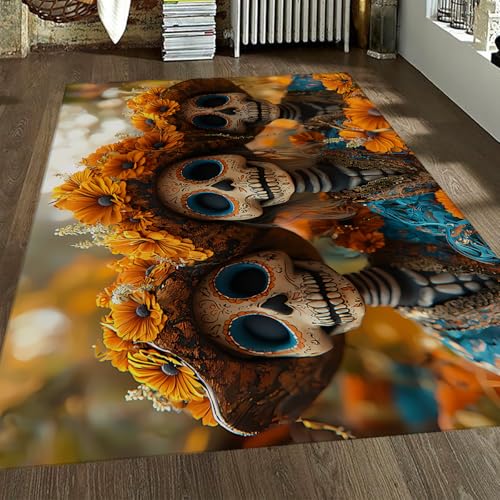FEIPUHOME Art Tag der Toten Teppiche Mode Schädel Design Gelb Blumen Throw Teppich Moderne Ästhetik Rutschfester Eingang für Raum Kaffee Stuhl 160x200cm von FEIPUHOME Art