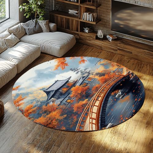 FEIPUHOME Art Traditionelle Landschaft Runde Teppiche Japanisch Herbst Bogen Brücke Innenhof Drucke Weicher Teppich für Wohnzimmer Schlafzimmer Eingangsbereich Leicht 200x200cm von FEIPUHOME Art