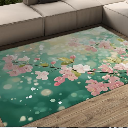 FEIPUHOME Art Traumhafter Frühling Boden Teppich Waschbar Kirschblüte Pfirsich Blüten Teppiche für Wohnzimmer Wohnung unter Tisch niedriger Flor rutschfest 180x280cm von FEIPUHOME Art