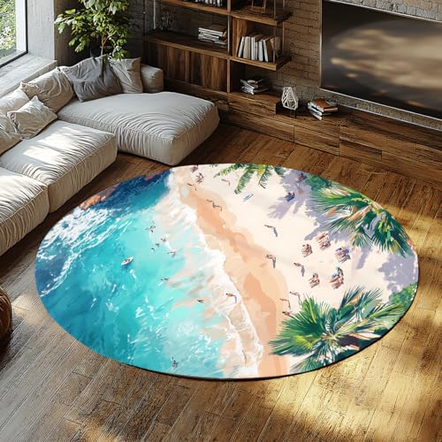 FEIPUHOME Art Tropische Küste Vibes Runde Teppiche Strand Ozean Palmen Ruderboot Surfen Teppich für Mädchen Frau Zimmer Schlafzimmer Flur rutschfest waschbar 200x200cm von FEIPUHOME Art