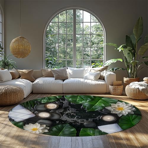 FEIPUHOME Art Tropische Natur Thema Runde Teppiche Spa Entspannung mit Kerzen Weißer Lotus und Palmblätter Teppich für Wohnzimmer Schlafzimmer Eingang Niedriger Flor 160x160cm von FEIPUHOME Art