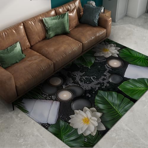 FEIPUHOME Art Tropische Natur Thementeppiche Spa Entspannung mit Kerzen Weißer Lotus und Palmblätter Teppich für Wohnzimmer Schlafzimmer Eingang Niedriger Flor 60x90cm von FEIPUHOME Art