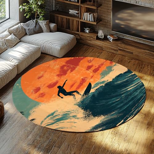 FEIPUHOME Art Ukiyo-E Stil Runde Teppiche Surfer Ocean Sunset Abstrakte Kunst Große rutschfeste Innendekoration Teppich für Lounge Tee Tisch Sofa Fußmatten Niedriger Flor 80x80cm von FEIPUHOME Art