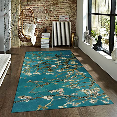 FEIPUHOME Art Van Gogh Vintage Blumen Teppiche rutschfeste Bodenmatte Mandelblüten Ölgemälde Drucke Teal Teppich Fußmatten Home Runner Teppiche 120x180cm von FEIPUHOME Art