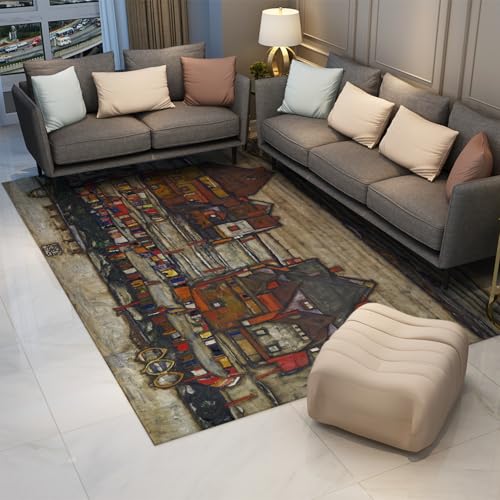FEIPUHOME Art Vintage Soft Cozy Carpet Häuser mit bunter Wäscherei (Vorort II) Berühmte Malerei Druck Küchenmatte für Bauernhaus 90x120cm von FEIPUHOME Art