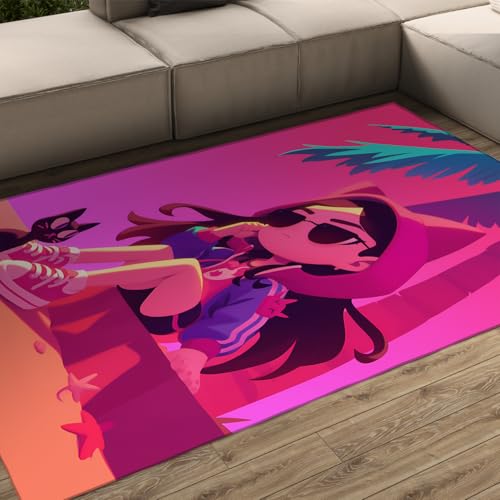 FEIPUHOME Art Waschbarer weicher, Rutschfester Cartoon-Teppich für Wohnzimmer Schlafzimmer Lounge Teenager Zimmer süßes Mädchen und Schwarze Katze Drucke Boden Teppiche Rose Rot 60x90cm von FEIPUHOME Art