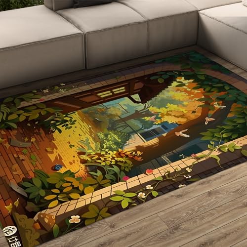 FEIPUHOME Art Waschbarer weicher Rutschfester Teppich Fliegende Vögel Hohe Bäume Kabine Herbst Landschaft Teppiche für Wohnzimmer Schlafzimmer Eingangsbereich Innen Außenbereich 160x200cm von FEIPUHOME Art