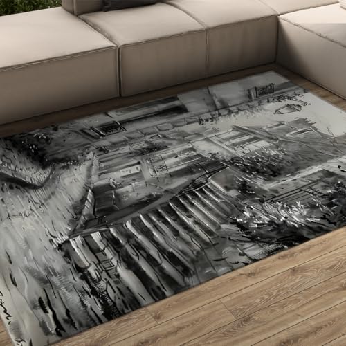 FEIPUHOME Art Waschbarer weicher Rutschfester Teppich Straße Ecke Stadtbild Teppiche für Wohnzimmer Schlafzimmer Wohnung Boden gemütlich niedrig Flor Schwarz und Weiß 180x240cm von FEIPUHOME Art