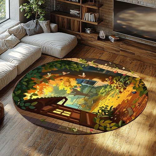 FEIPUHOME Art Waschbarer weicher Rutschfester runder Teppich Fliegende Vögel Hohe Bäume Kabine Herbst Landschaft Teppiche für Wohnzimmer Schlafzimmer Eingangsbereich Innen Außenbereich 80x80cm von FEIPUHOME Art