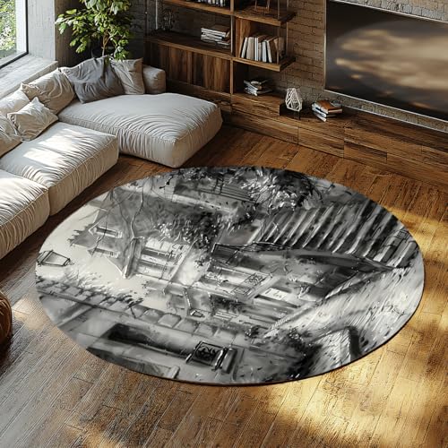 FEIPUHOME Art Waschbarer weicher Rutschfester runder Teppich Straße Ecke Stadtbild Teppiche für Wohnzimmer Schlafzimmer Wohnung Boden gemütlich niedrig Flor Schwarz und Weiß 200x200cm von FEIPUHOME Art