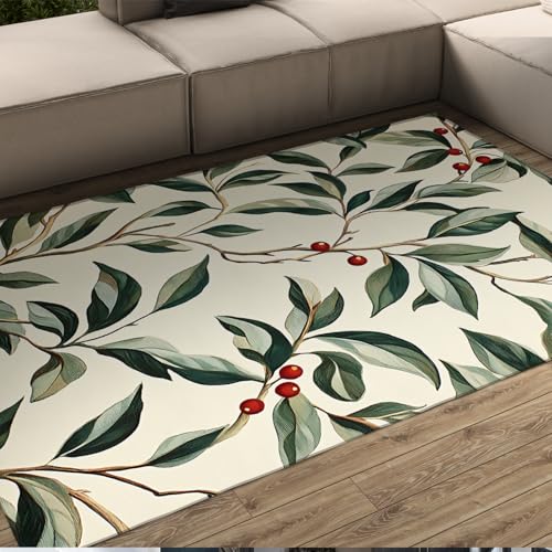 FEIPUHOME Art Weiche waschbare Teppiche Botanischer Boho-Teppich Rote Kirschen Mistelzweig Grüne Blätter Bodenteppich für Esszimmer Home Office Niedriger Flor 180x280cm von FEIPUHOME Art