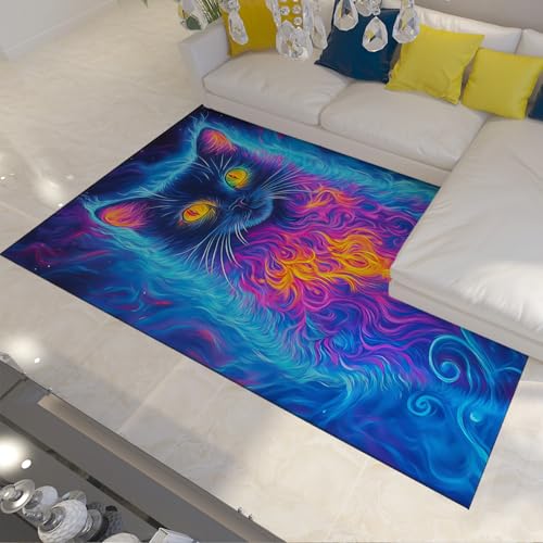 FEIPUHOME Art Wunderbare Fantasy Throw Teppich Vibrant Cat Design Waschbare Niederflorteppiche rutschfest Weich für Wohnzimmer Schlafzimmer Wohnung Dekor Blau 160x200cm von FEIPUHOME Art