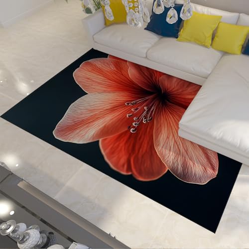 FEIPUHOME Art Zeitgenössischer Blumenteppich Hibiskus Blume Blütenblatt Textur Teppich für stark frequentierte Bereiche im Eingangsbereich Wohnschlafzimmer schwarz 90x150cm von FEIPUHOME Art