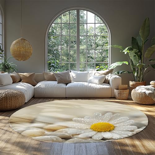 FEIPUHOME Art Zeitgenössisches minimalistisches Design Runder Teppich Weiße Gänseblümchen und Steine Großer Nachttisch Teppich für Kinder Zimmer Arbeitszimmer Wohnung Niedriger Flor 80x80cm von FEIPUHOME Art