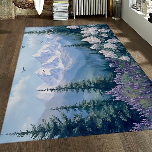 FEIPUHOME Art ästhetische Landschaft Teppich schneebedeckte Berge Fliegende Vögel Dschungel Blume Feld Teppiche für Wohnzimmer Schlafzimmer unter Tisch niedriger Flor 180x240cm von FEIPUHOME Art