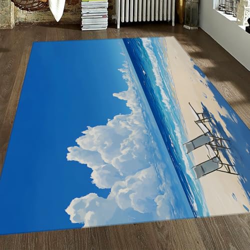 FEIPUHOME Art entspannende Küstenteppiche für Wohnzimmer Schlafzimmer Blauer Himmel Meer Küste Meerblick Rutschfester niedriger Flor weicher Teppich Innendekoration 120x150cm von FEIPUHOME Art