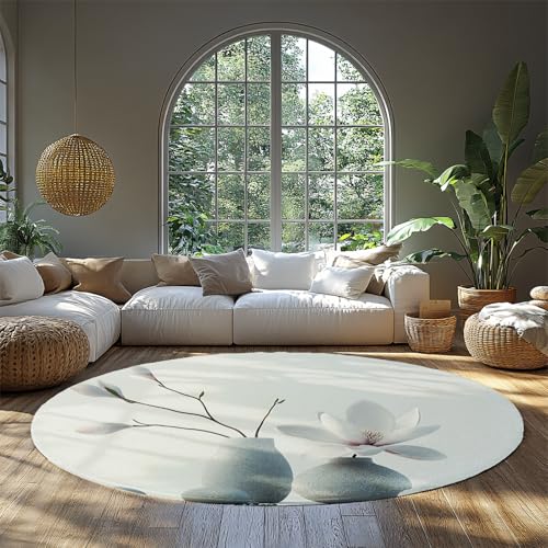 FEIPUHOME Art moderner Minimalismus runde Teppiche Orchidee Knospen Spa Design groß abwaschbar niedrigflorig Wohnzimmer Arbeitszimmer Küche unter Waschbecken Fußmatte rutschfest 120x120cm von FEIPUHOME Art