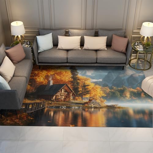 Herbst Berglandschaft Teppiche Flussufer rustikales Ferienhaus Ahornwald rutschfeste waschbare Matte für Wohnzimmer unter Tisch Hinterhofdeck 90x150cm Herbst Berglandschaft Teppiche Flussufer rustikales Ferienhaus Ahornwald rutschfeste waschbare Matte für Wohnzimmer unter Tisch Hinterhofdeck 90x150cm von FEIPUHOME Art