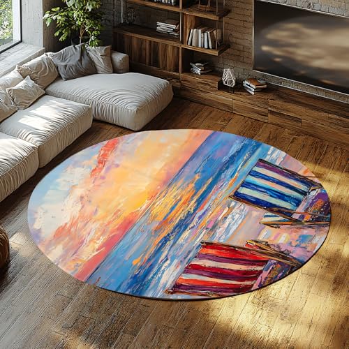 Impressionistischer Stil Küste Runder Teppich Niedriger Flor Dünner Strand Sonnenuntergang Liegestühle Teppich für Kinderzimmer Jugendzimmer Schlafzimmer Esszimmer Niedriger Flor 200x200cm von FEIPUHOME Art
