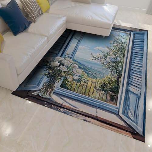 Naturszene waschbarer Rutschfester dünner Teppich weiße Rosen auf einem Balkon Design weiche Faltbare Teppiche für Wohnzimmer Wohnung Innendekoration 160x200cm Naturszene waschbarer Rutschfester dünner Teppich weiße Rosen auf einem Balkon Design weiche Faltbare Teppiche für Wohnzimmer Wohnung Innendekoration 160x200cm von FEIPUHOME Art