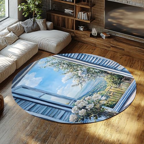 Naturszene waschbarer Rutschfester dünner runder Teppich weiße Rosen auf einem Balkon Design weiche Faltbare Teppiche für Wohnzimmer Wohnung Innendekoration 200x200cm Naturszene waschbarer Rutschfester dünner runder Teppich weiße Rosen auf einem Balkon Design weiche Faltbare Teppiche für Wohnzimmer Wohnung Innendekoration 200x200cm von FEIPUHOME Art