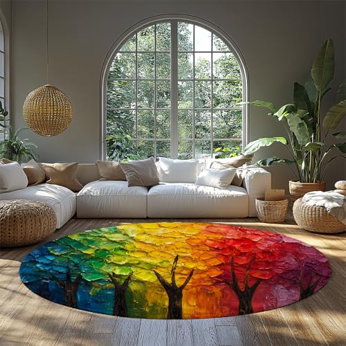 Ölgemälde Stil runder Teppich bunter Abstrakter Baum des Lebens Teppich niedrig Flor rutschfest für Schlafzimmer Wohnzimmer vor Kamin 120x120cm Ölgemälde Stil runder Teppich bunter Abstrakter Baum des Lebens Teppich niedrig Flor rutschfest für Schlafzimmer Wohnzimmer vor Kamin 120x120cm von FEIPUHOME Art