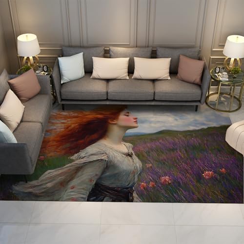 Rokoko Stil Teppiche Mädchen mit Langen fliegenden Haaren Lavendel und Rosenfelder Nachttisch Teppich rutschfest waschbar für Mädchen Zimmer Wohnung 160x200cm Rokoko Stil Teppiche Mädchen mit Langen fliegenden Haaren Lavendel und Rosenfelder Nachttisch Teppich rutschfest waschbar für Mädchen Zimmer Wohnung 160x200cm von FEIPUHOME Art