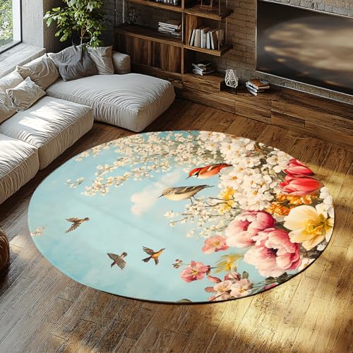 ländlicher Garten Landschaft runder Teppich frühling vögel floral weich Bequeme teppiche für zu Hause büro Wohnzimmer mädchen Schlafzimmer küche niedrigflor waschbar 80x80cm von FEIPUHOME Art