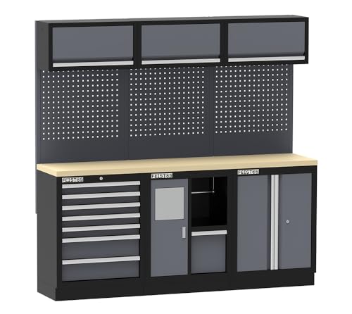 FEISTOS Werkstatteinrichtung Apollo 11 | Werkzeugschrank inkl. Lochwand | Pulverbeschichteter Stahl & Multiplex Arbeitsplatte | Grau Schwarz | Anthrazit RAL7016 | 204x46x200 cm von FEISTOS