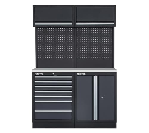 FEISTOS Werkstatteinrichtung Apollo 5E | Werkzeugschrank inkl. Lochwand & Edelstahl Arbeitsplatte | Modular erweiterbar | Anthrazit RAL7016 Schwarz RAL9005 | 136x46x200 cm von FEISTOS