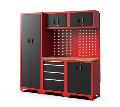 FEISTOS Werkstatteinrichtung Juno 2 | 1980x457x1981 mm Rot/Schwarz | Profi Werkbank & Werkzeugwand | 8 Teilig - Werkstattmöbel mit Arbeitsplatte | Garageneinrichtung mit Lochwand von FEISTOS